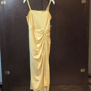 Hollister Yellow Polka Dot Ruched Midi Dress